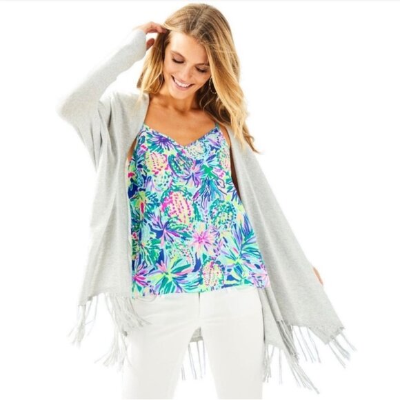 Lilly Pulitzer Colina Cardigan Fringe Sweater in Heathered Swordfish Gray Size S - Picture 2 of 11